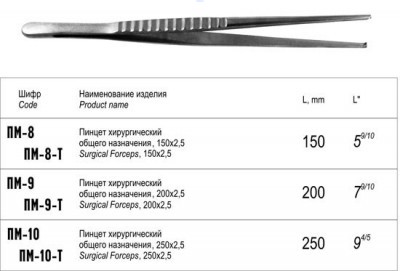 Пинцет хирургический, 150 мм. ПМ-8